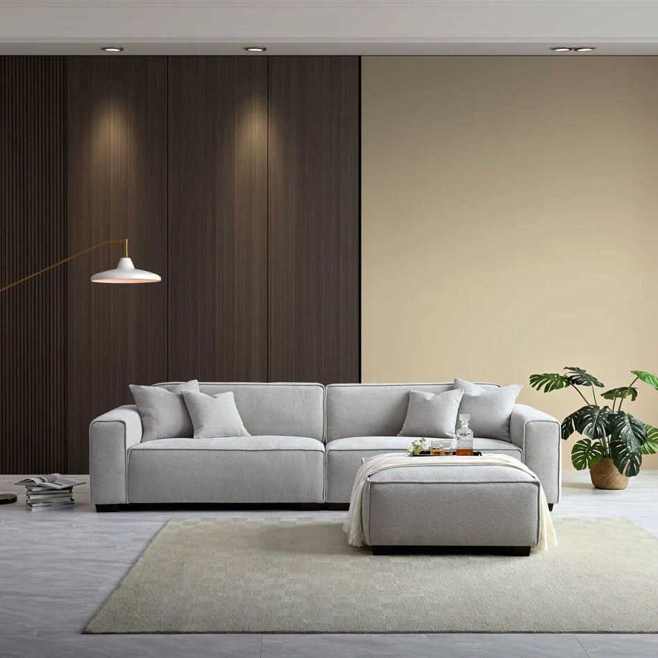 Aluxo Crawford Pebble Grey Boucle Sofa with Chaise Footstool | 4 Seater